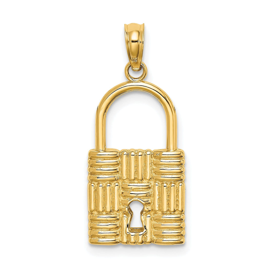 14K Yellow Gold 3-D Padlock with Key Hole Design Charm Pendant