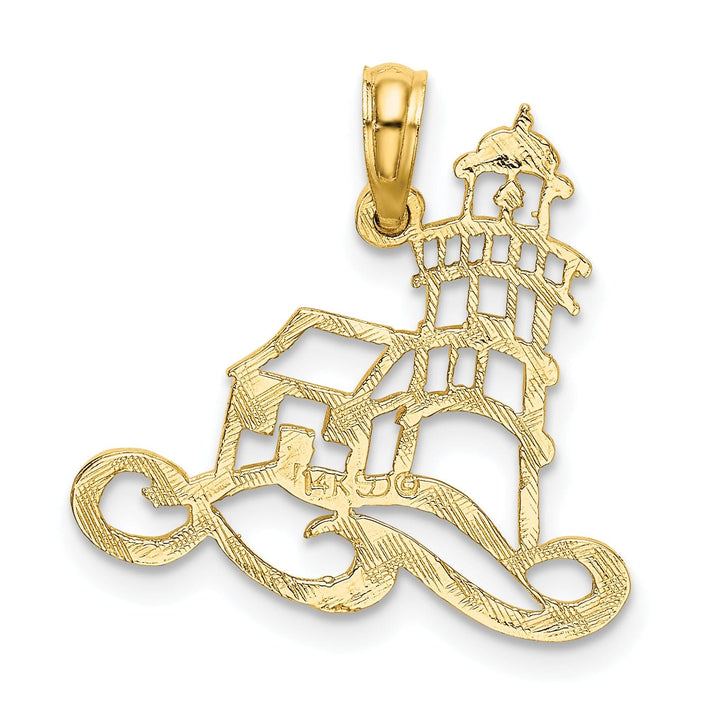 14K Yellow Gold Cut-Out Lighthouse with Water Design Charm Pendant