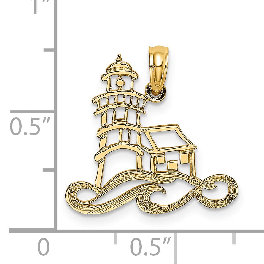 14K Yellow Gold Cut-Out Lighthouse with Water Design Charm Pendant