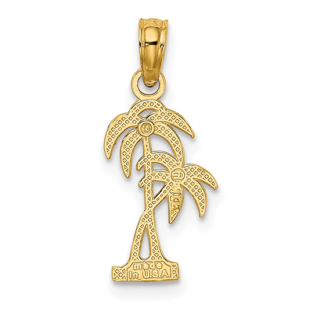 14K Yellow Gold Solid Textured Finish Double Palm Tree Design Charm Pendant