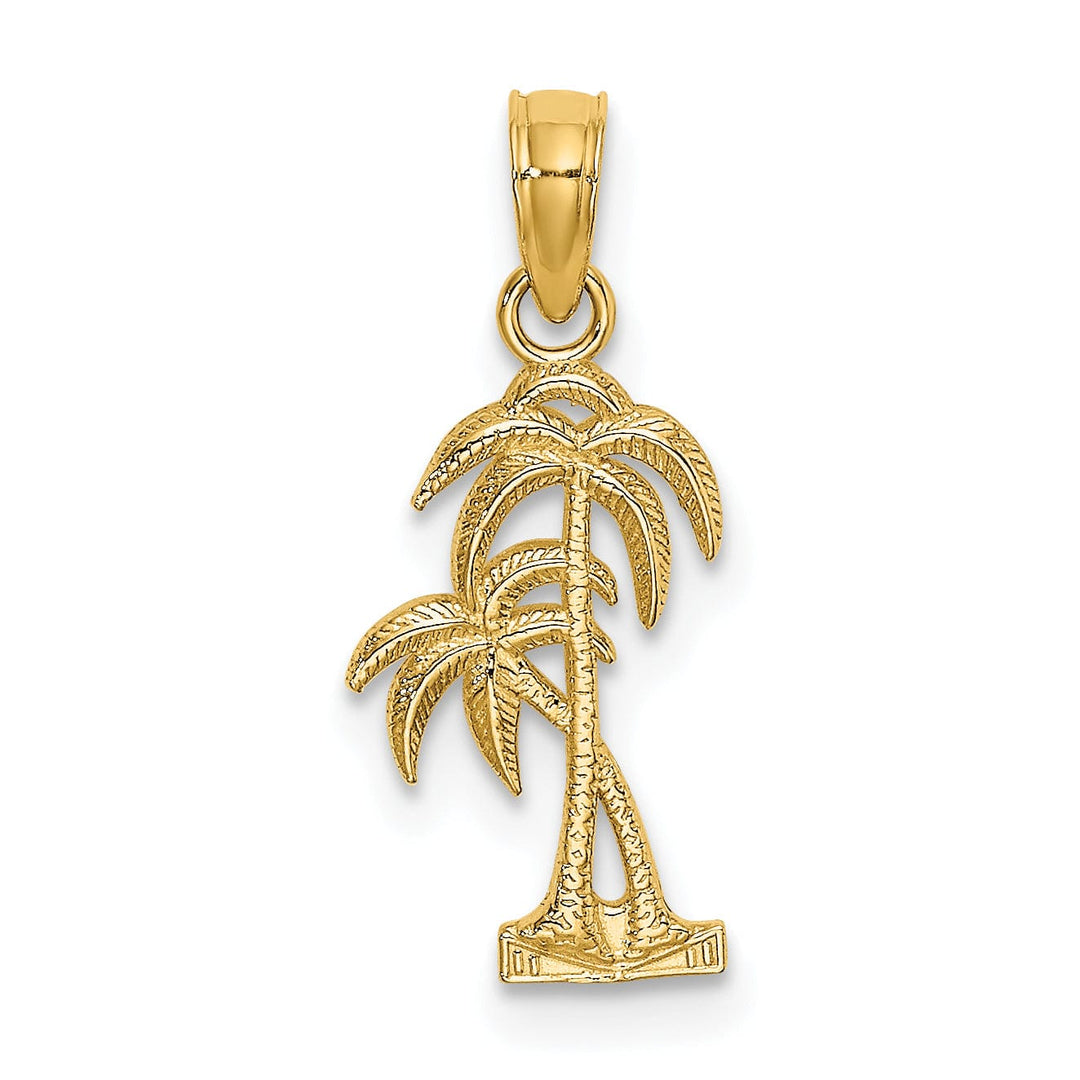 14K Yellow Gold Solid Textured Finish Double Palm Tree Design Charm Pendant