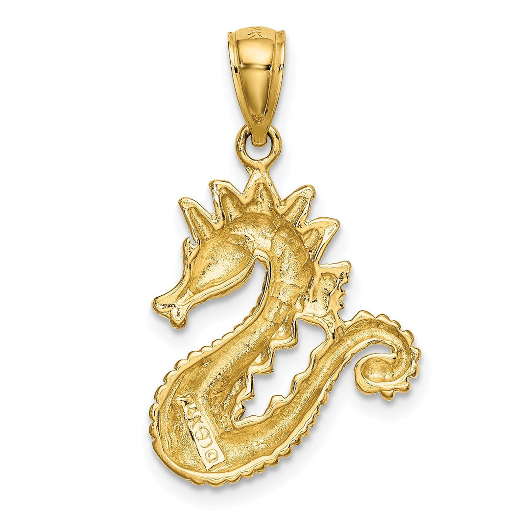 14K Yellow Gold Solid Texture Polished Finish Opend Back Size Seahorse Charm Pendant