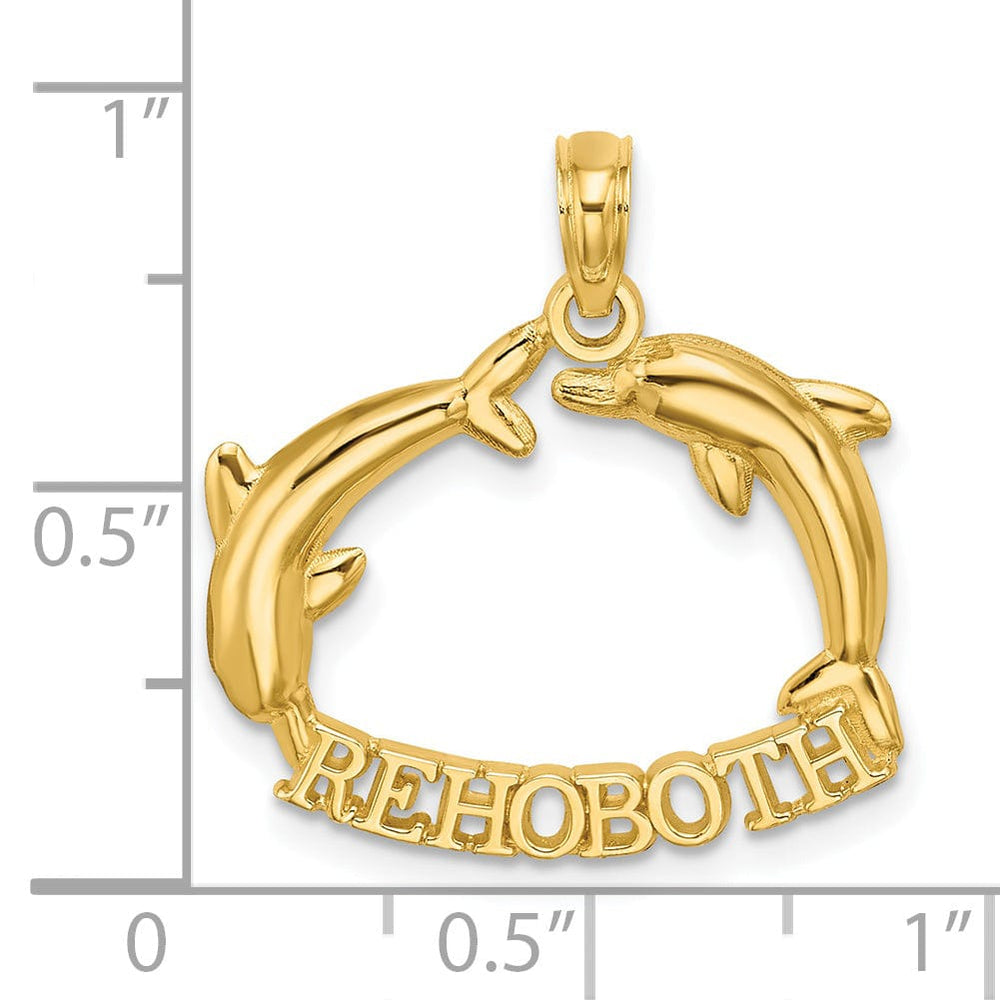14K Yellow Gold Polished Finish REHOBOTH Banner with Double Jumping Dolphins Charm Pendant