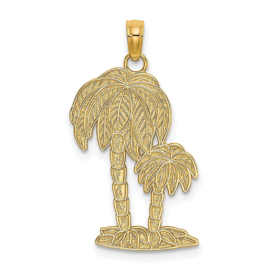 14K Yellow Gold Solid Textured Finish 2-Dimensional Double Palm Tree Design Charm Pendant