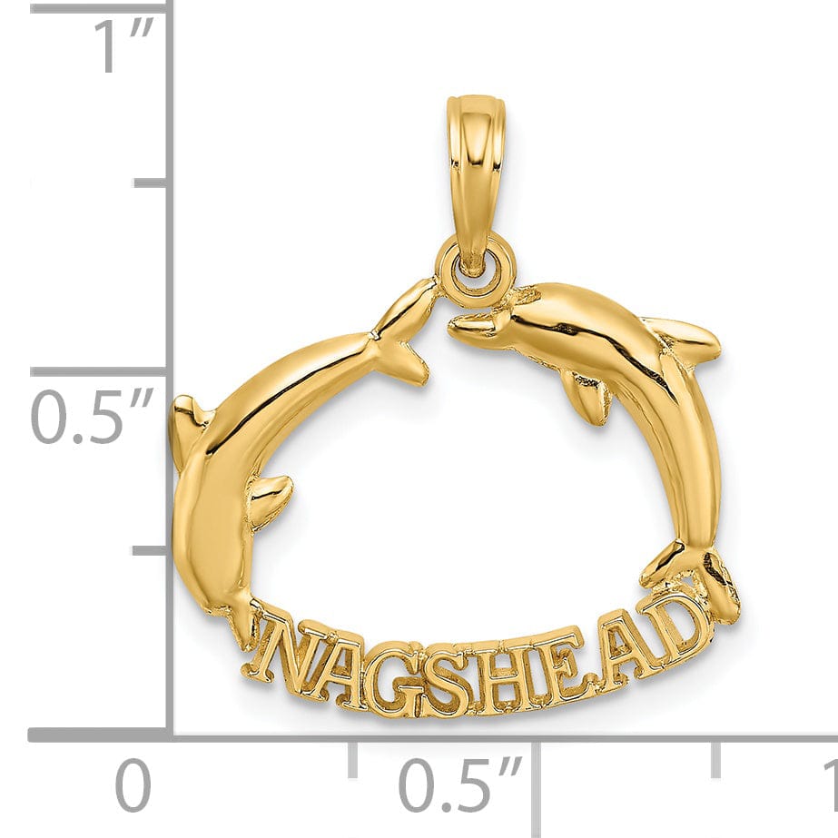 14K Yellow Gold Polished Finish NAGS HEAD Banner with Double Jumping Dolphins Charm Pendant