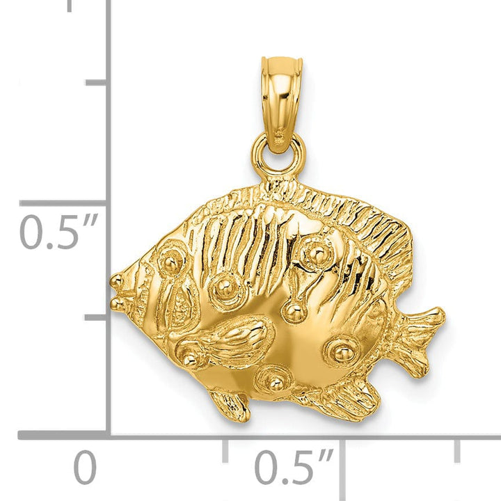 14K Yellow Gold Textured Solid Polished Finish Fish 2-Dimensional Design Charm Pendant