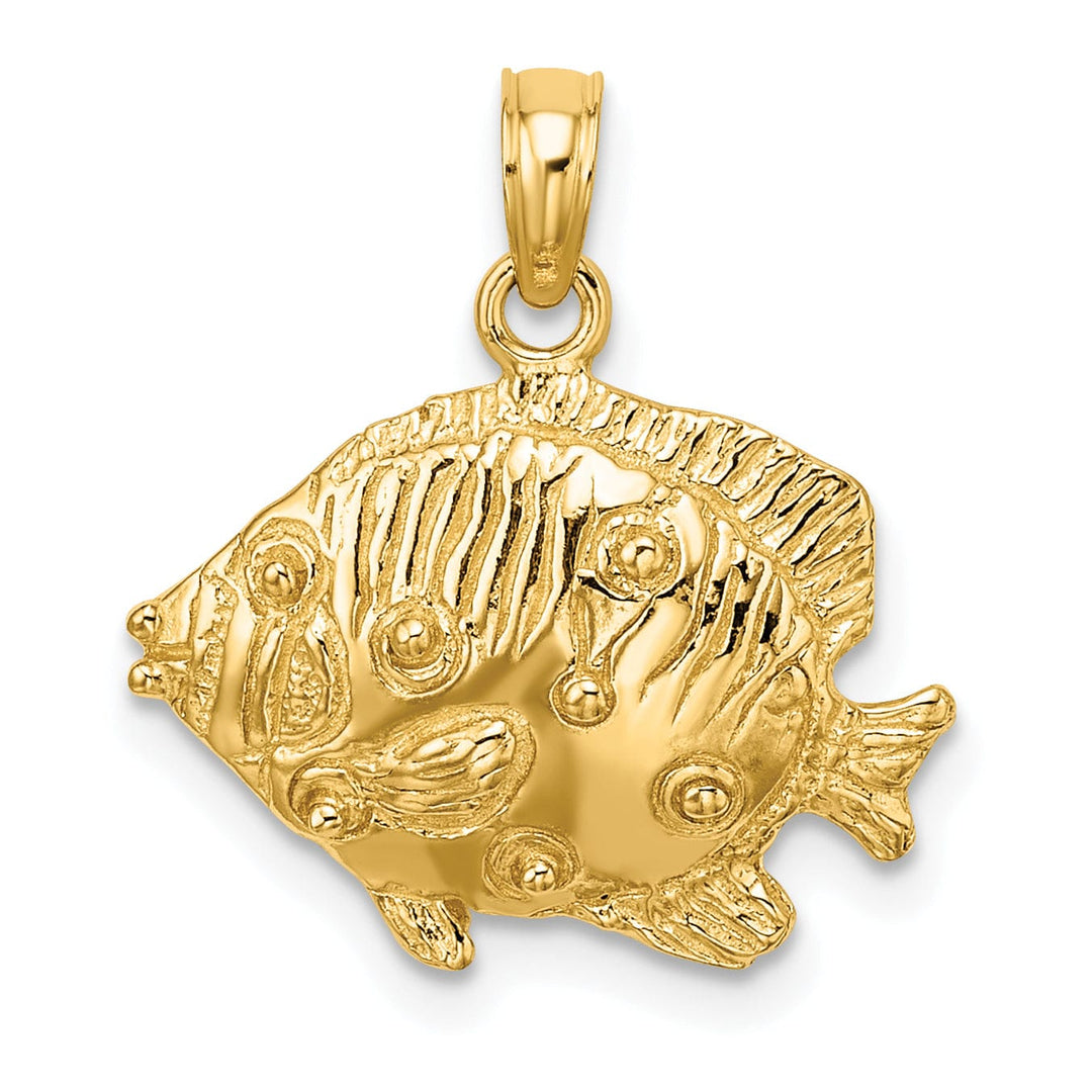 14K Yellow Gold Textured Solid Polished Finish Fish 2-Dimensional Design Charm Pendant