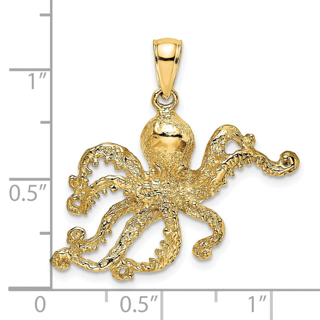 14K Yellow Gold Casted Textured Solid Polished Finish Octopus Charm Pendant