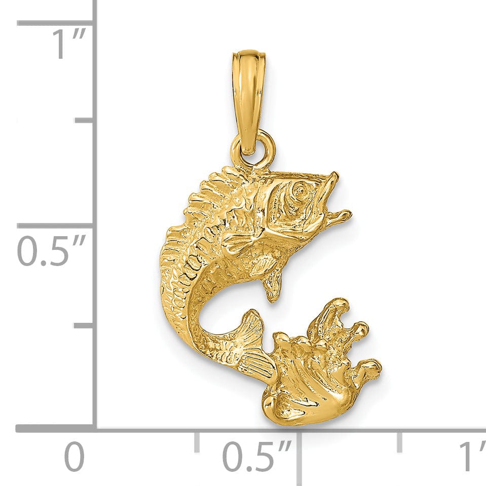 14k Yellow Gold Polished Textured Finish Bass Fish Jumping Charm Pendant
