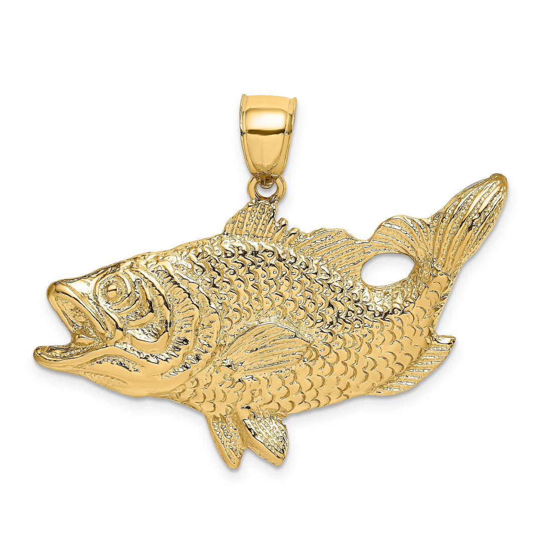 14k Yellow Gold Solid Textured Polished Finish Open Mouthed Bass Fish Charm Pendant