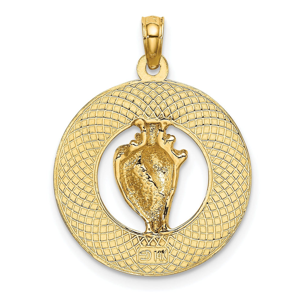 14K Yellow Gold Polished Textured Finish SANIBEL Florida with Conch Sea Shell in Circle Design Charm Pendant