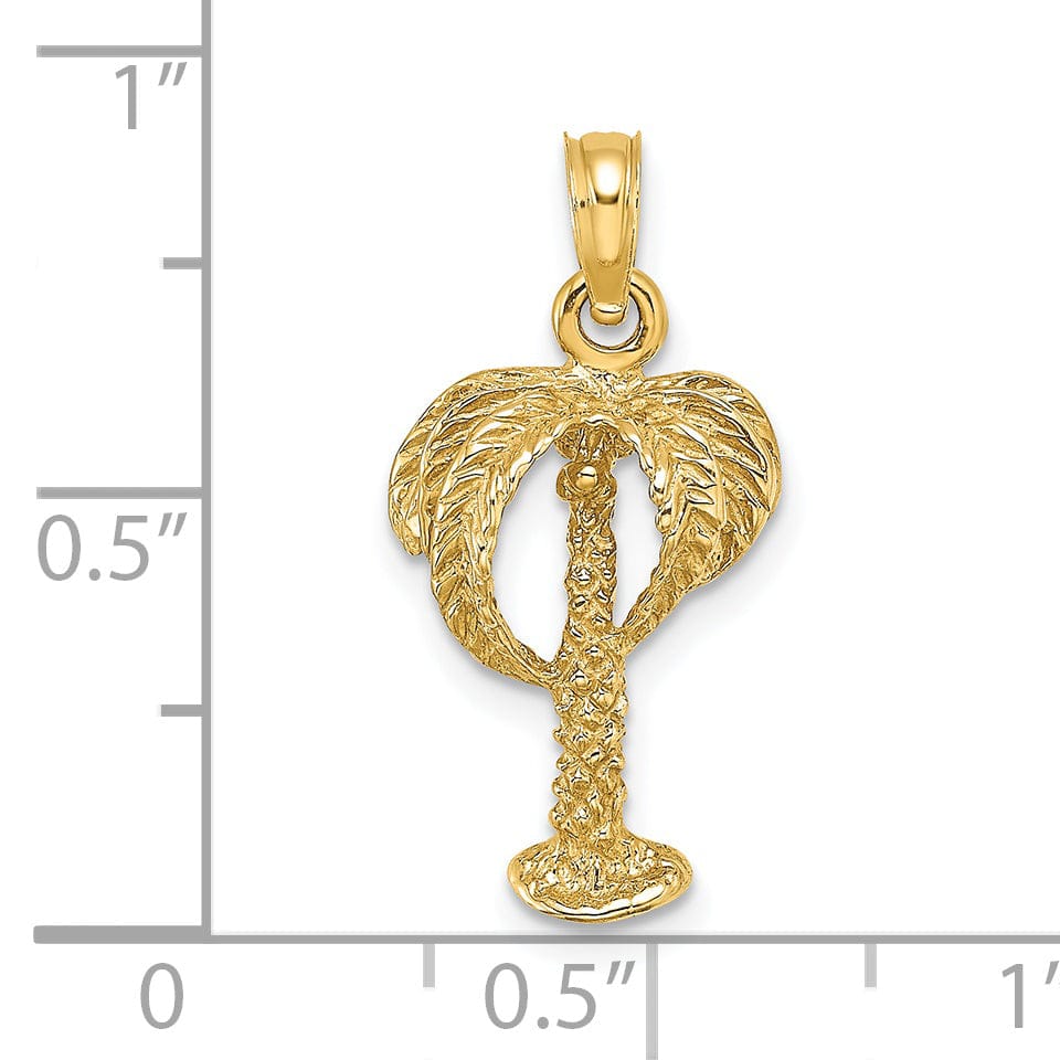 14K Yellow Gold Solid Textured Finish 2-Dimensional Concave Shape Palm Tree with Coconuts Charm Pendant