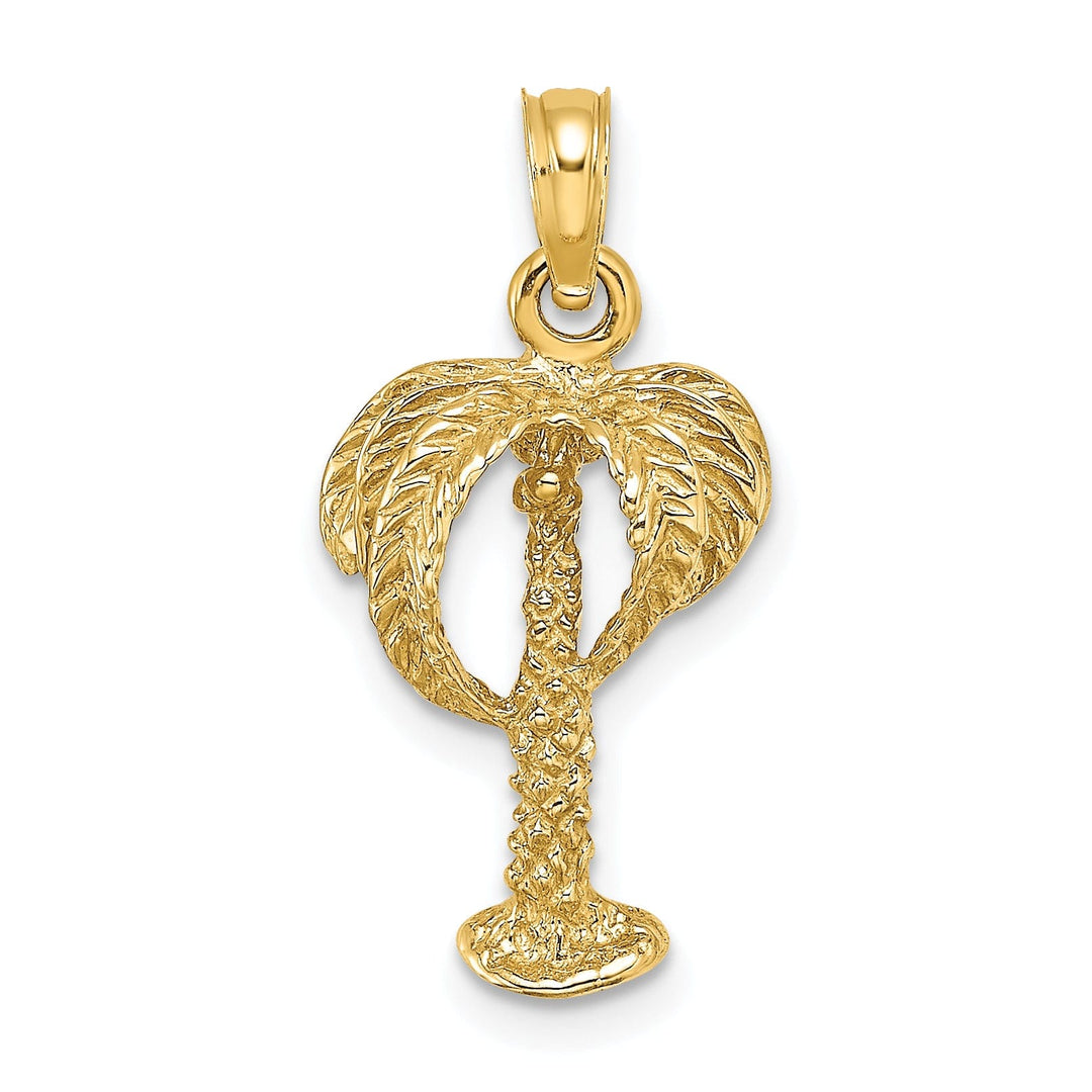 14K Yellow Gold Solid Textured Finish 2-Dimensional Concave Shape Palm Tree with Coconuts Charm Pendant