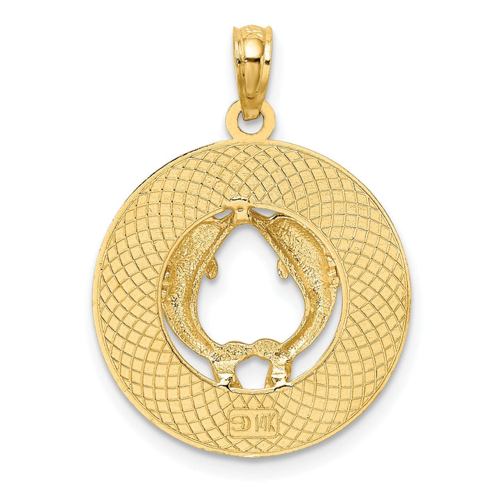 14K Yellow Gold Polished Textured Finish FLORIDA witn Double Dolphins in Circle Design Charm Pendant