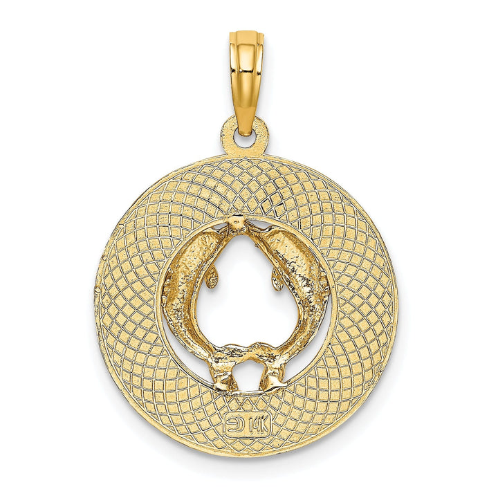 14K Yellow Gold Polished Textured Finish SANIBEL Florida with Double Dolphins in Circle Design Charm Pendant