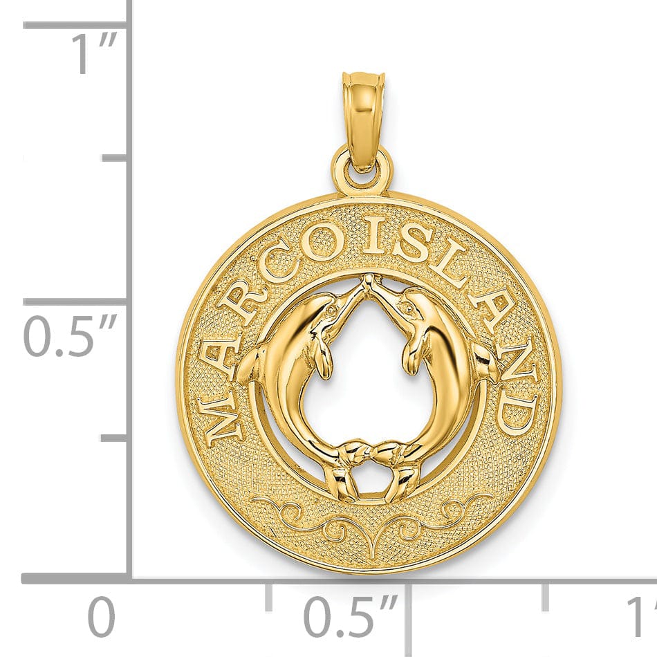 14K Yellow Gold Polished Textured Finish MARCO ISLAND with Double Dolphins in Circle Design Charm Pendant