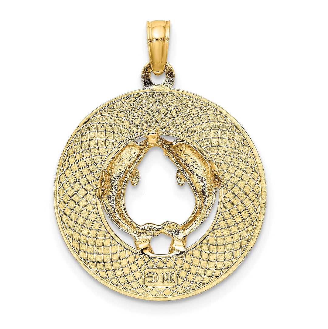 14K Yellow Gold Polished Textured Finish SARASOTA Florida with Double Dolphins in Circle Design Charm Pendant