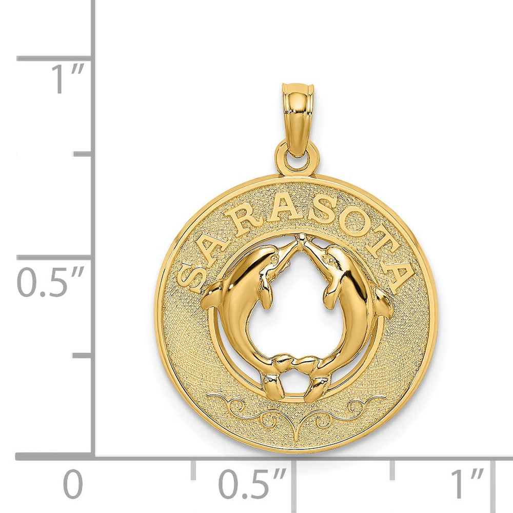 14K Yellow Gold Polished Textured Finish SARASOTA Florida with Double Dolphins in Circle Design Charm Pendant
