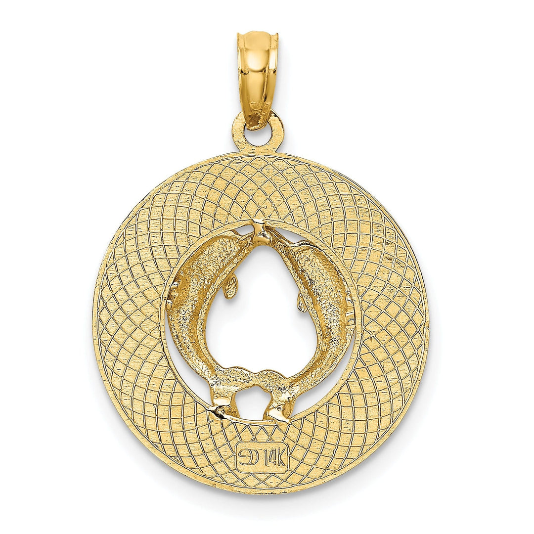 14K Yellow Gold Polished Textured Finish ST. AUGUSTINE Florida with Double Dolphins in Circle Design Charm Pendant