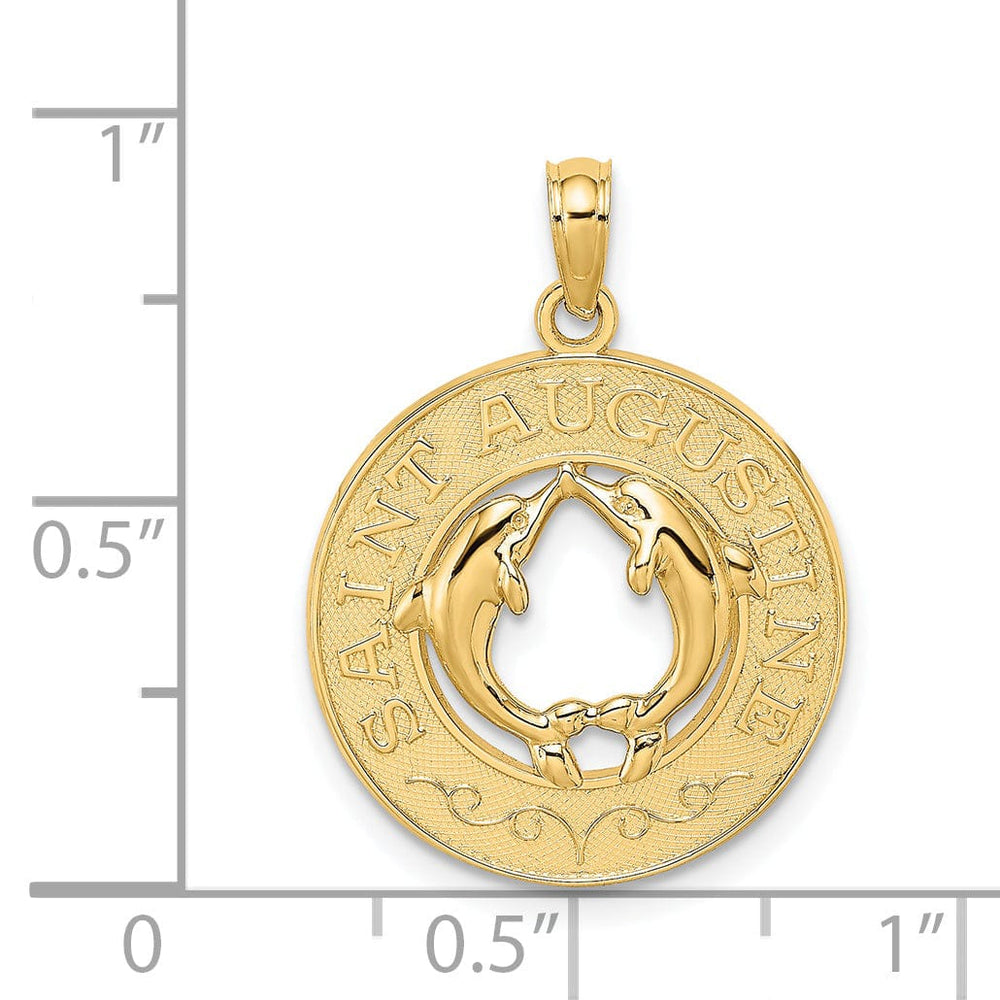 14K Yellow Gold Polished Textured Finish ST. AUGUSTINE Florida with Double Dolphins in Circle Design Charm Pendant