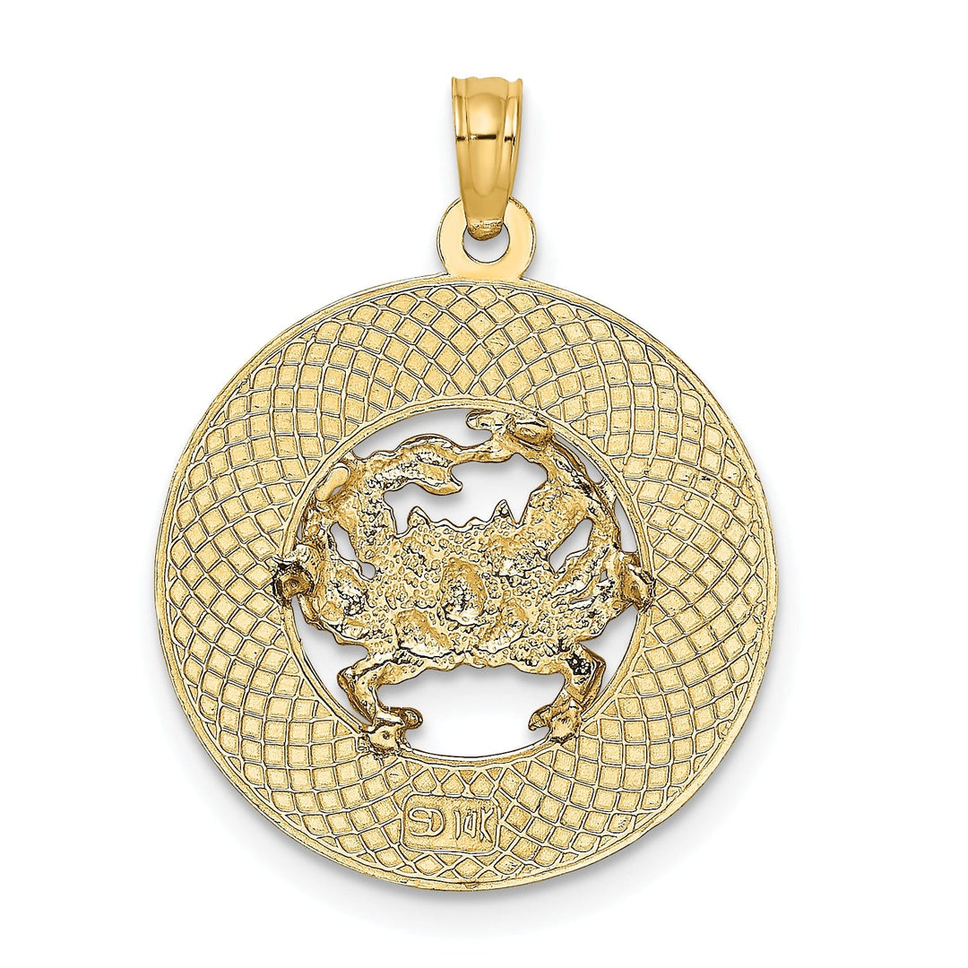14K Yellow Gold Polished Textured Finish ANNAPOLIS Marland Crab in Circle Design Charm Pendant