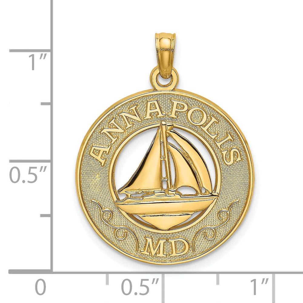 14K Yellow Gold Polished Textured Finish ANNAPOLIS Marland Sailboat in Circle Design Charm Pendant