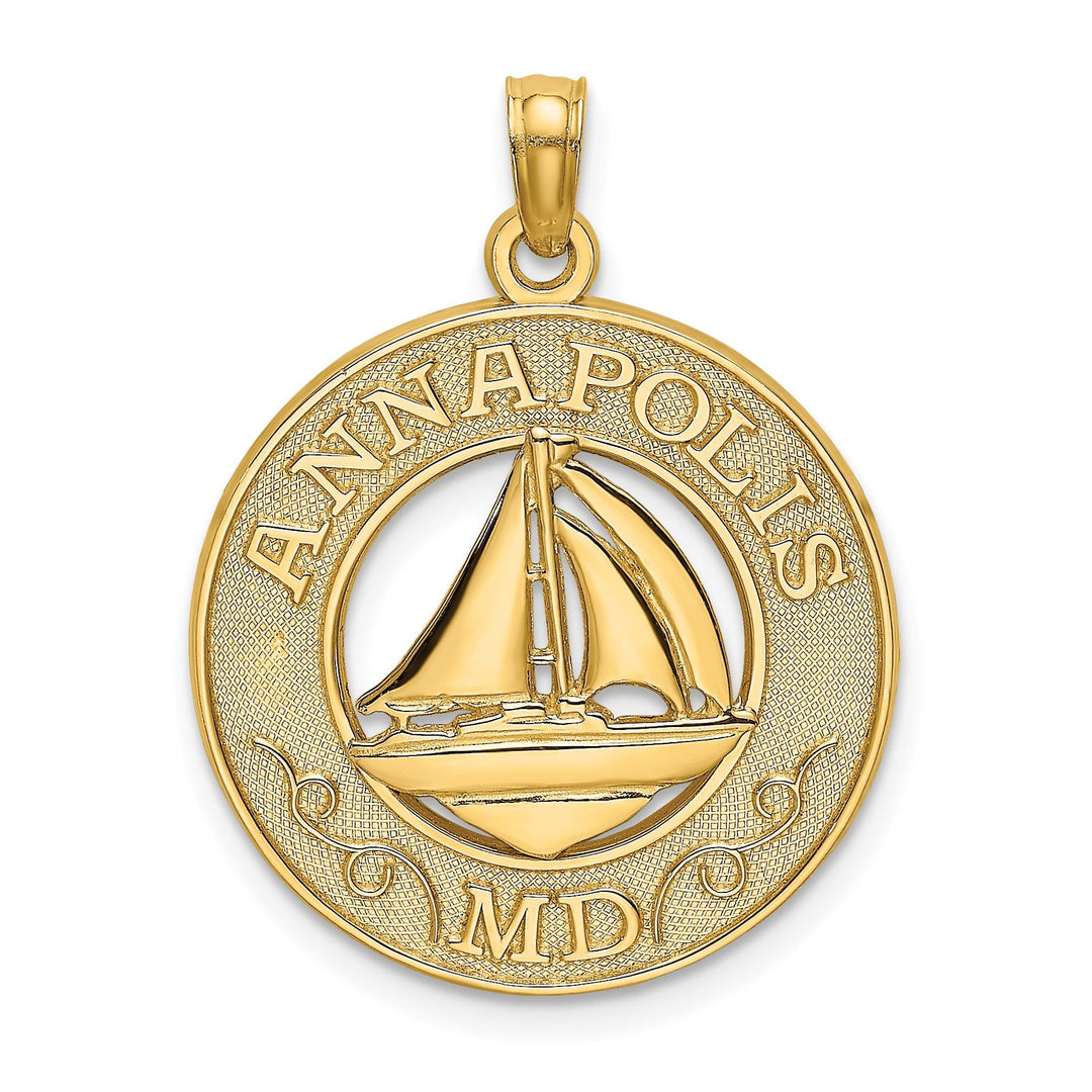 14K Yellow Gold Polished Textured Finish ANNAPOLIS Marland Sailboat in Circle Design Charm Pendant