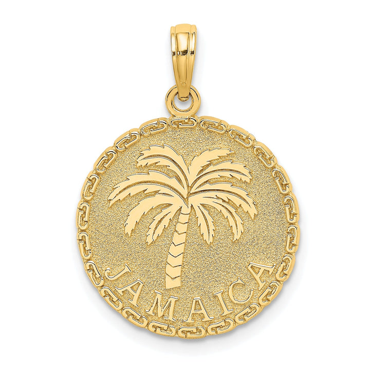 14K Yellow Gold Polished Texture Finish JAMAICA & Palm Tree in Round Disk Shape Charm Pendant