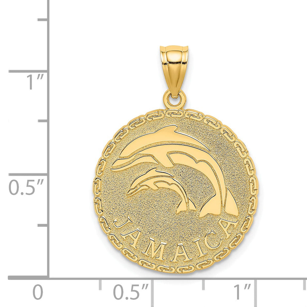 14K Yellow Gold Polished Texture Finish JAMAICA with Double Dolphins in Round Disk Shape Charm Pendant
