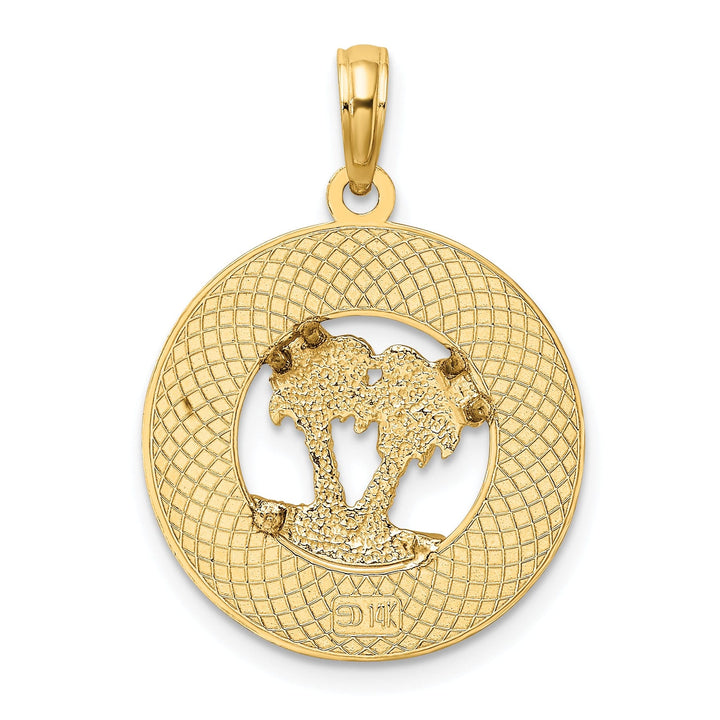 14K Yellow Gold Polished Textured Finish FLORIDA Double Palm Tree in Circle Design Charm Pendant