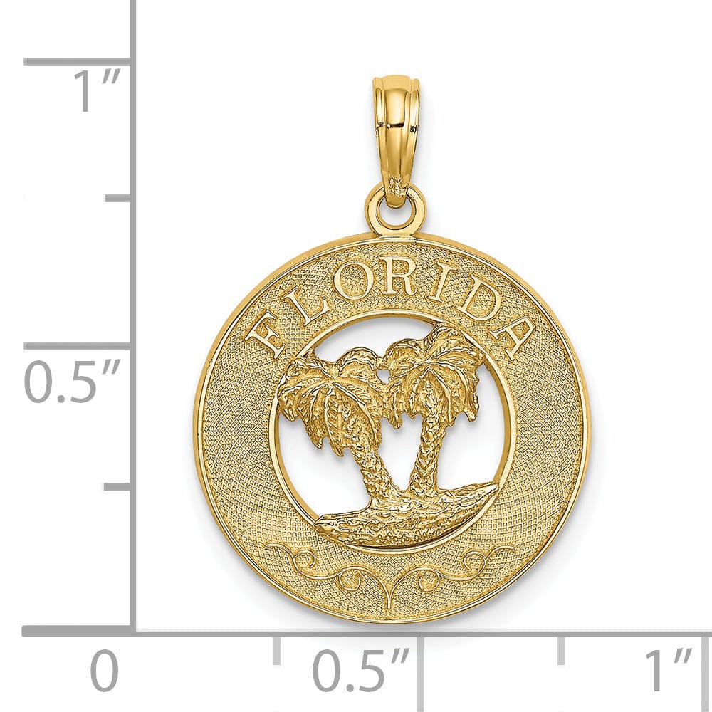 14K Yellow Gold Polished Textured Finish FLORIDA Double Palm Tree in Circle Design Charm Pendant
