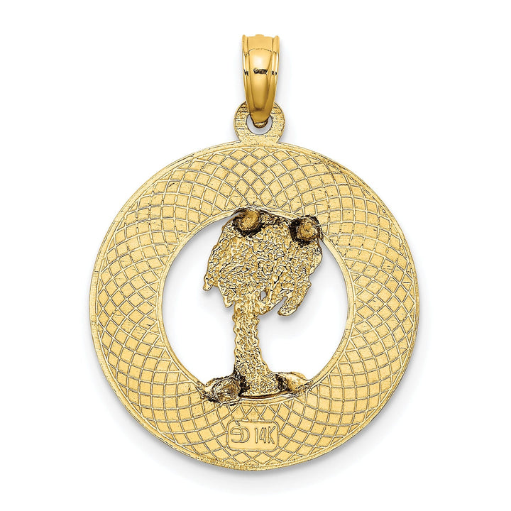 14K Yellow Gold Polished Textured Finish MYTLE BEACH FLORIDA Banner on Palm Tree in Circle Design Charm Pendant