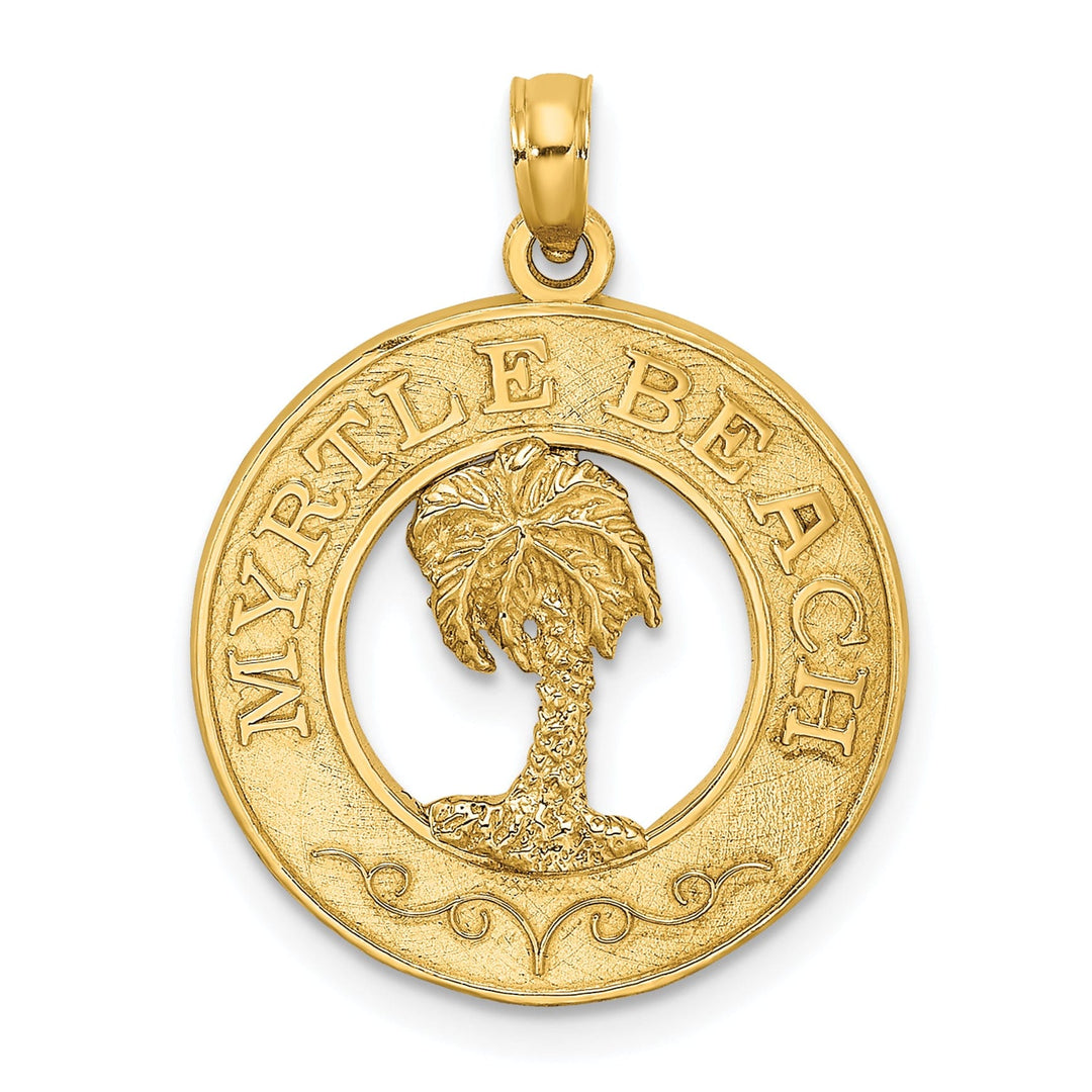 14K Yellow Gold Polished Textured Finish MYTLE BEACH FLORIDA Banner on Palm Tree in Circle Design Charm Pendant
