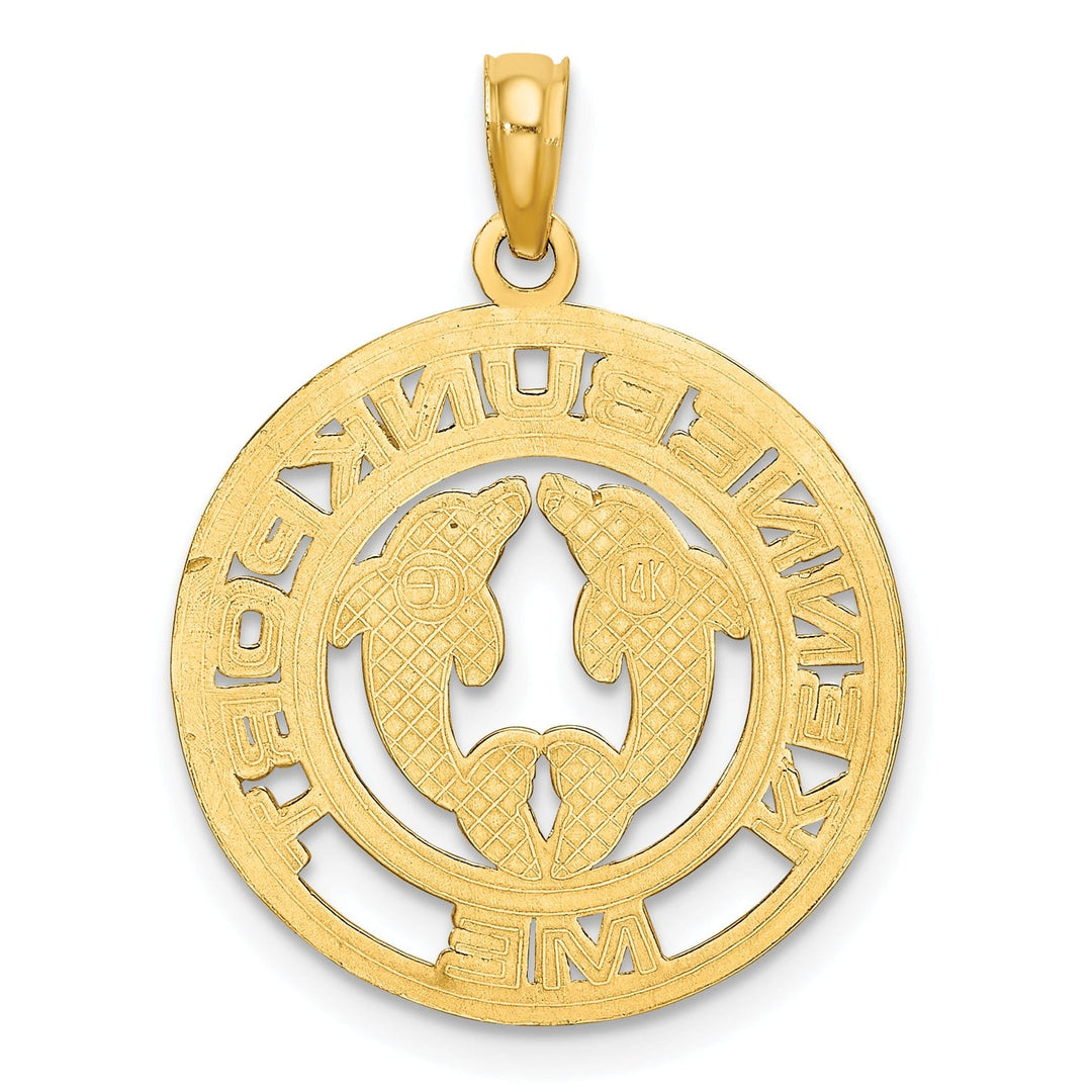 14K Yellow Gold Polished Finish KENNEBUNKPORT Maine with Double Dolphins in Circle Design Charm Pendant