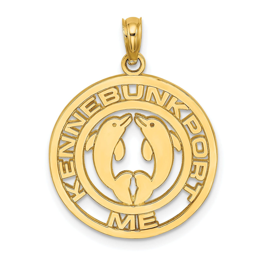 14K Yellow Gold Polished Finish KENNEBUNKPORT Maine with Double Dolphins in Circle Design Charm Pendant