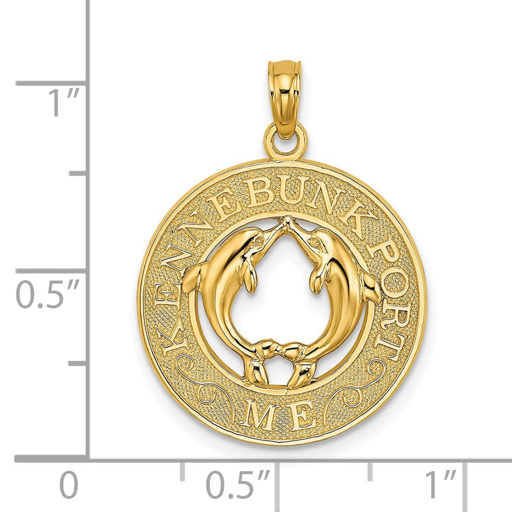 14K Yellow Gold Textured Polished Finish KENNEBUNKPORT Maine with Double Dolphins in Circle Design Charm Pendant