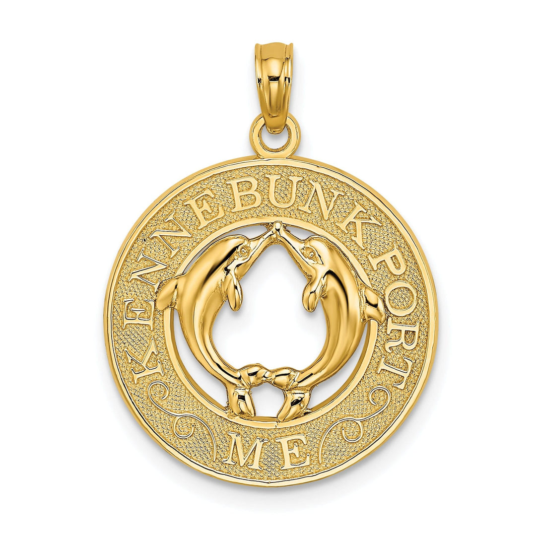 14K Yellow Gold Textured Polished Finish KENNEBUNKPORT Maine with Double Dolphins in Circle Design Charm Pendant