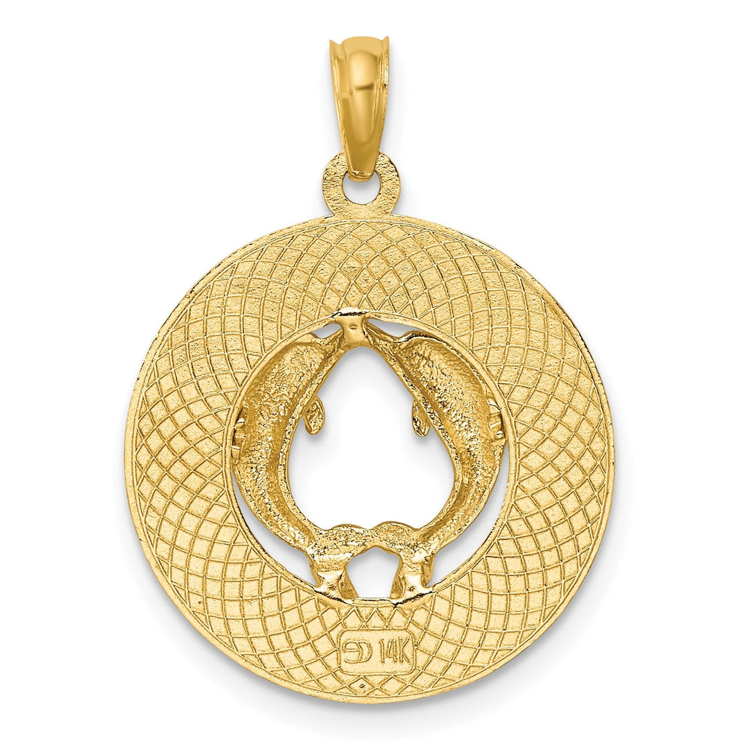 14K Yellow Gold Polished Textured Finish JAMAICA with Double Dolphins Circle Design Charm Pendant