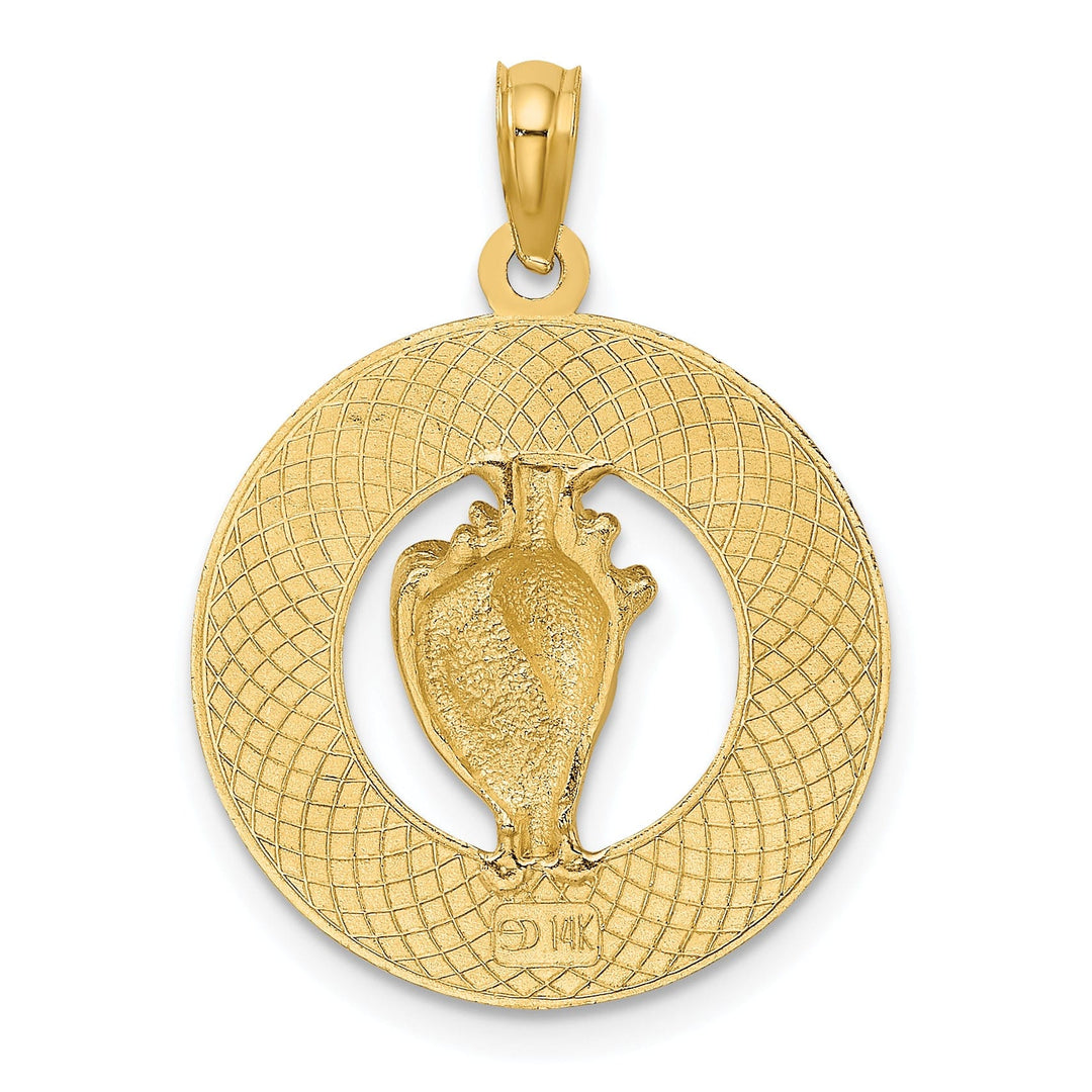 14K Yellow Gold Polished Textured Finish JAMAICA with Conch Sea Shell in Circle Design Charm Pendant