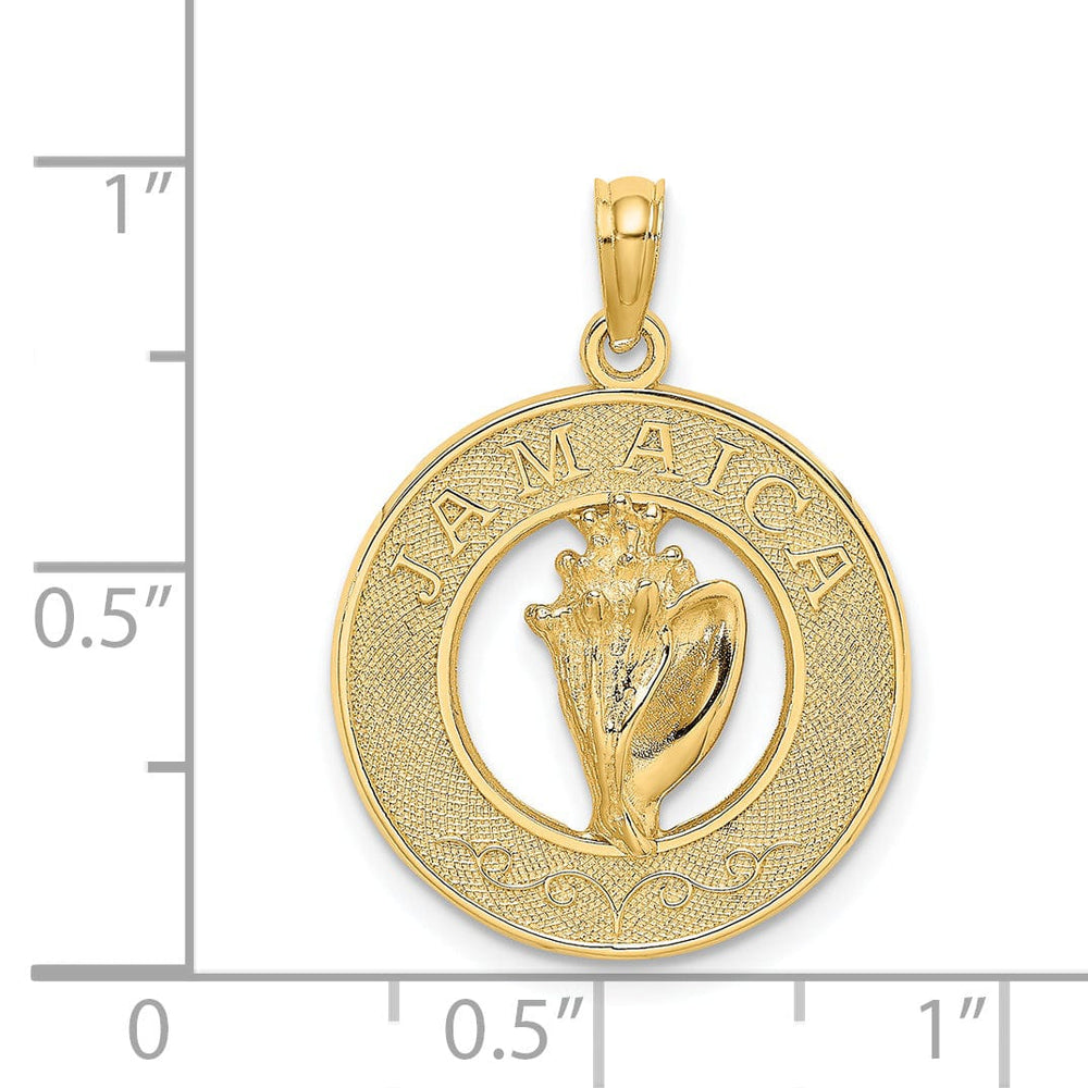 14K Yellow Gold Polished Textured Finish JAMAICA with Conch Sea Shell in Circle Design Charm Pendant