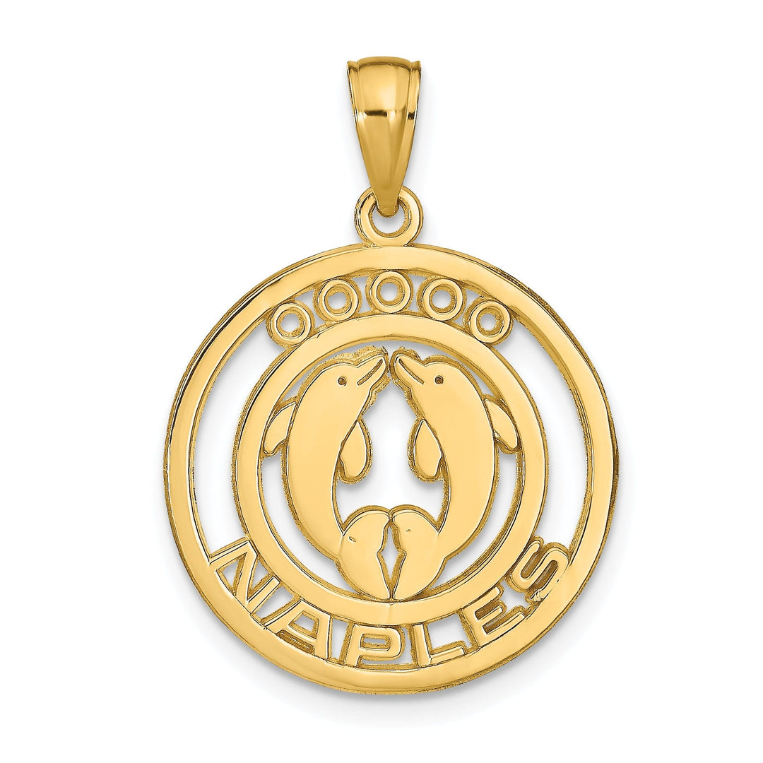 14K Yellow Gold Polished Textured Finish NAPLES Florida with Double Dolphins in Circle Design Charm Pendant