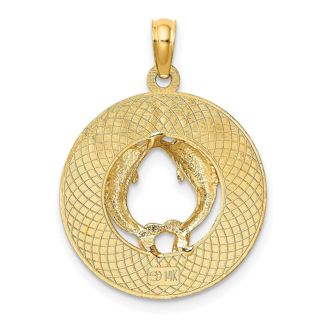 14K Yellow Gold Polished Textured Finish CANCUN Circle Design with Double Dolphins Charm Pendant
