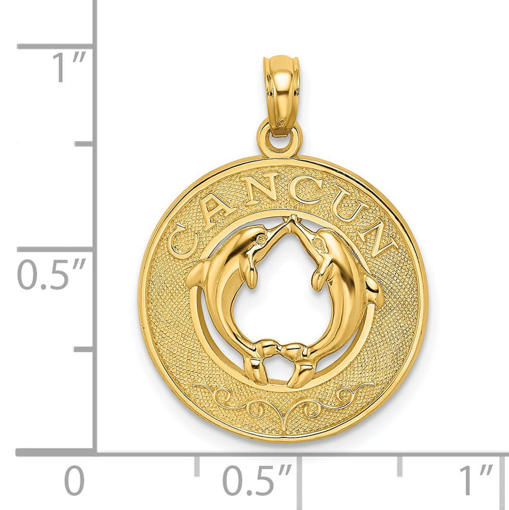 14K Yellow Gold Polished Textured Finish CANCUN Circle Design with Double Dolphins Charm Pendant