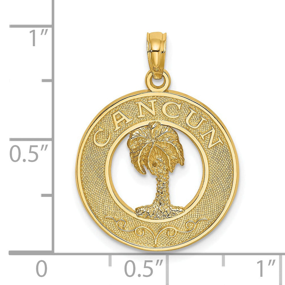 14K Yellow Gold Polished Textured Finish CANCUN Circle Design with Palm Tree Charm Pendant