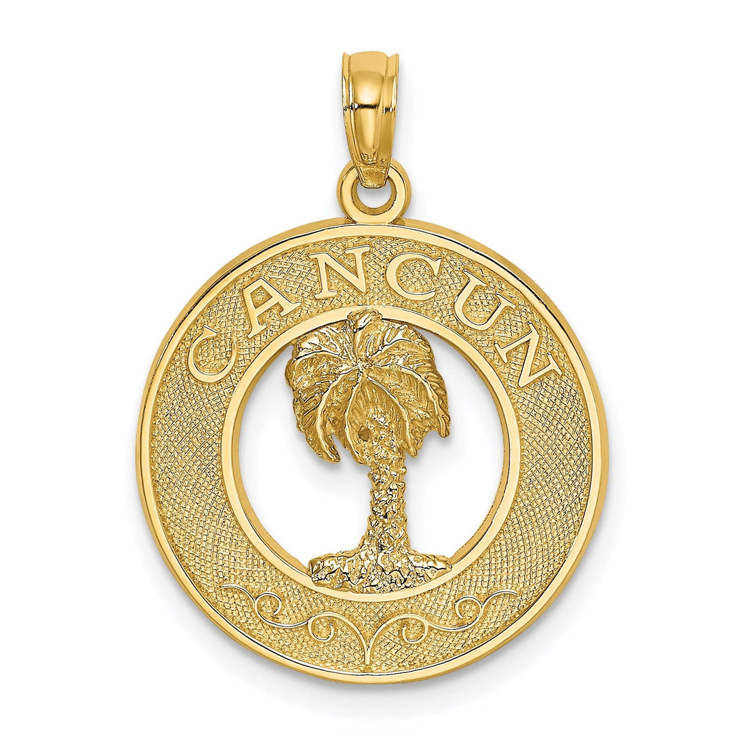 14K Yellow Gold Polished Textured Finish CANCUN Circle Design with Palm Tree Charm Pendant
