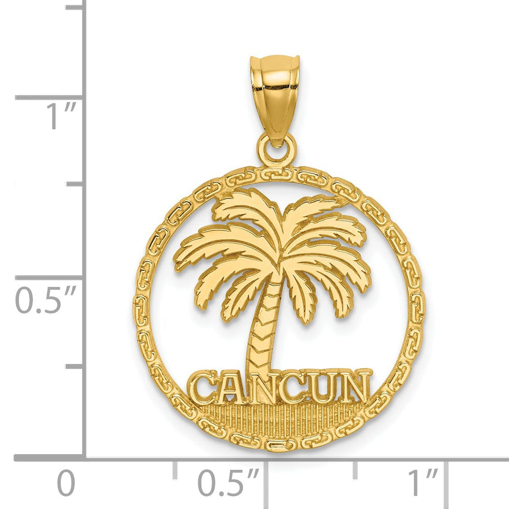 14K Yellow Gold Polished Textured Finish CANCUN Palm Tree in Circle Design Charm Pendant