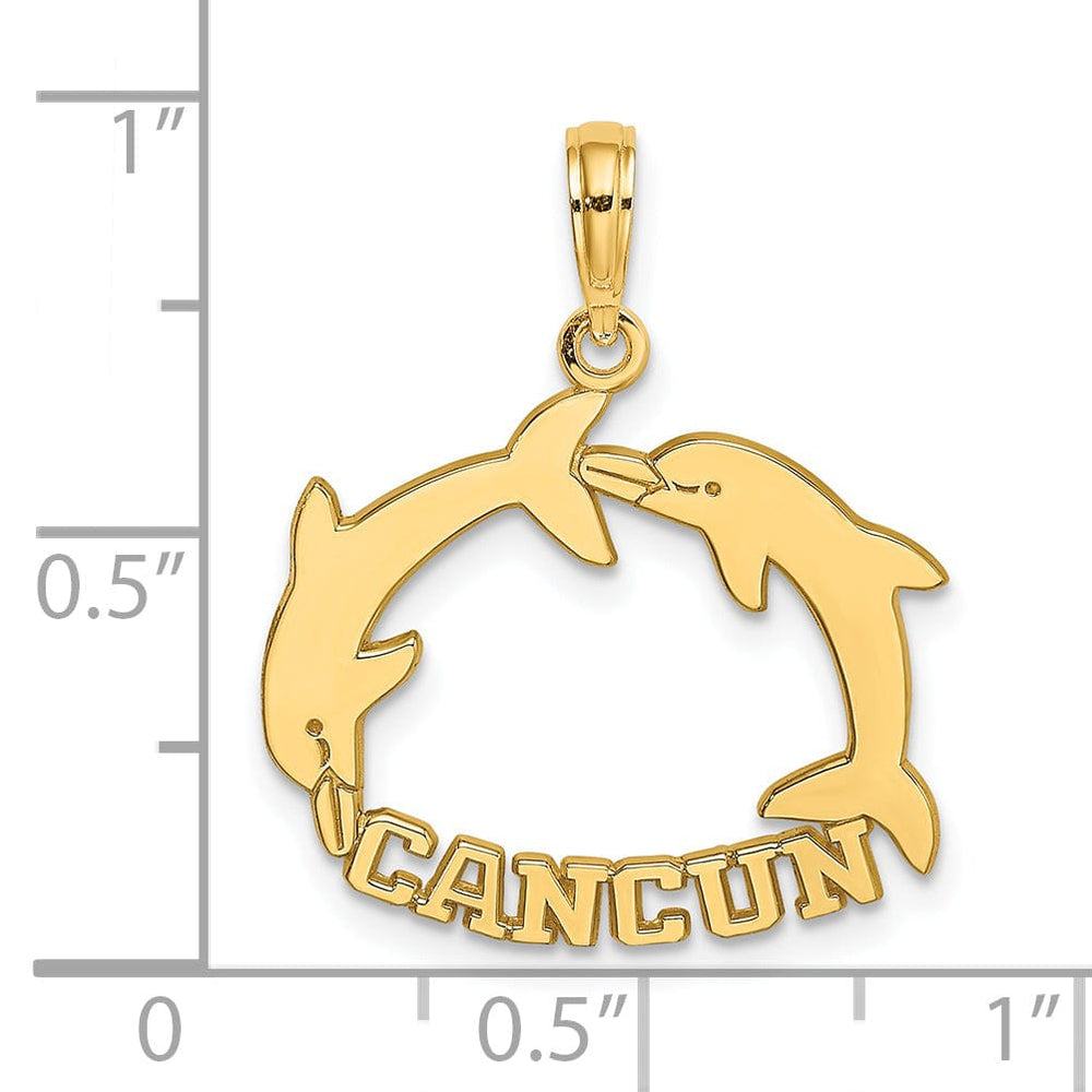 14K Yellow Gold Polished Finish CANCUN Under Double Jumping Dolphin Design Charm Pendant