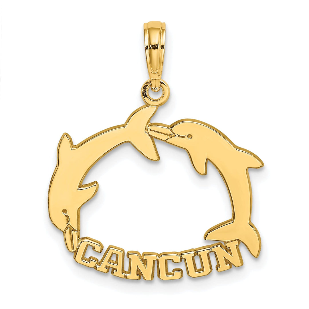 14K Yellow Gold Polished Finish CANCUN Under Double Jumping Dolphin Design Charm Pendant