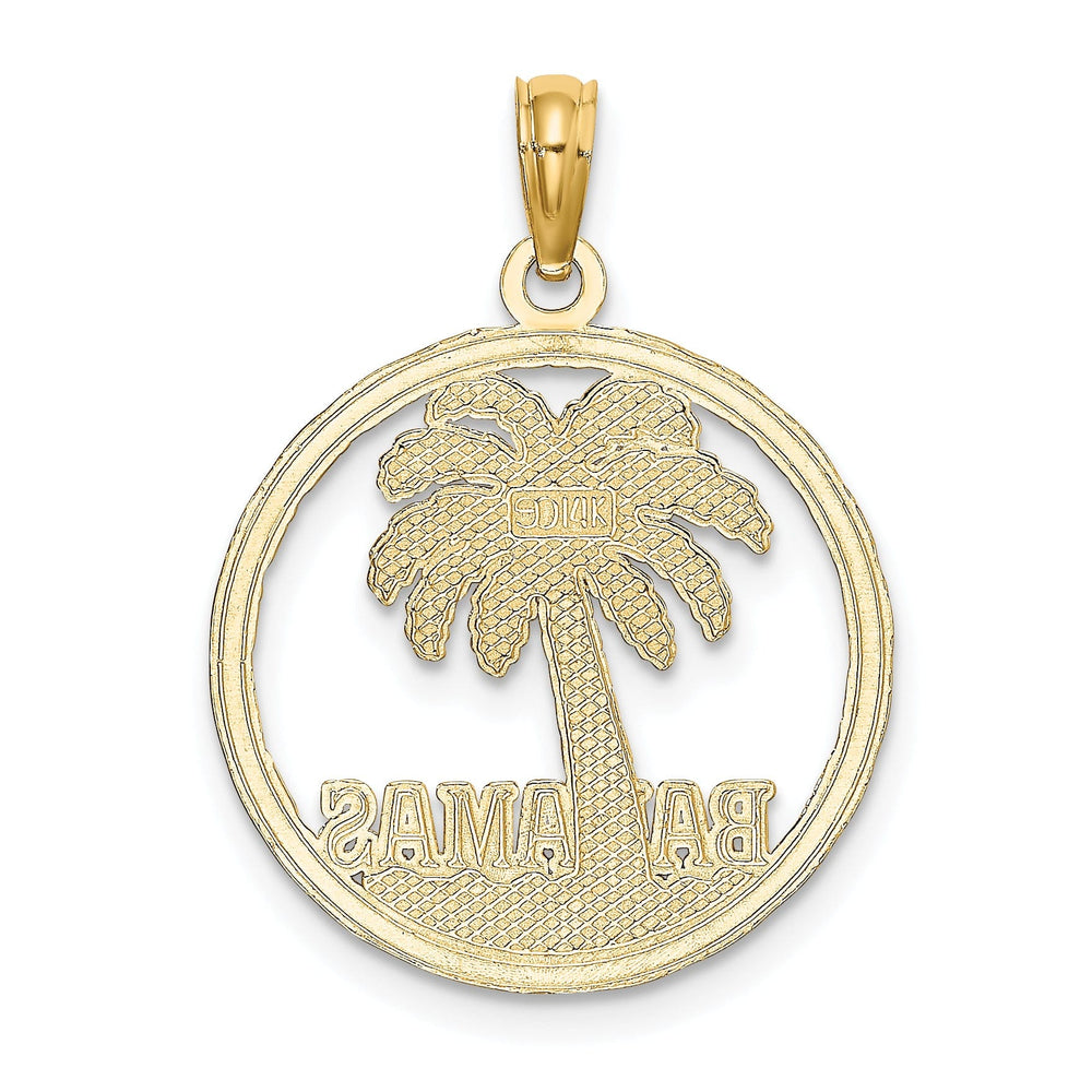 14K Yellow Gold Polished Textured Finish BAHAMAS Under Palm Tree Round Circle Trim Design Charm Pendant