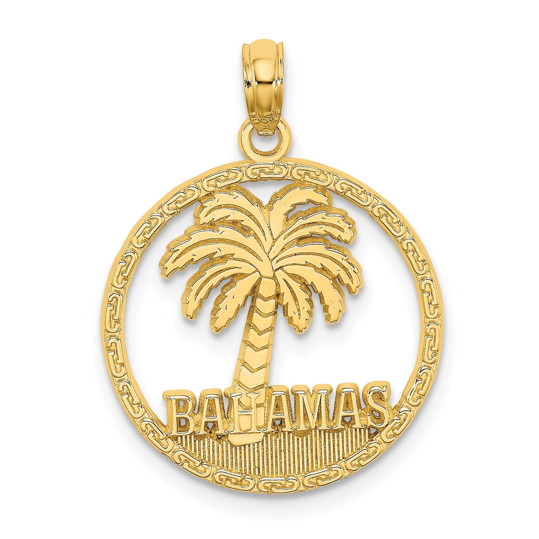 14K Yellow Gold Polished Textured Finish BAHAMAS Under Palm Tree Round Circle Trim Design Charm Pendant